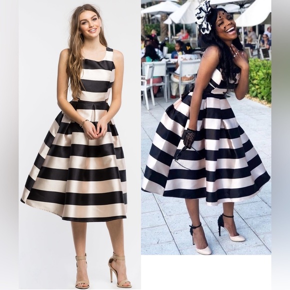 Miss Avenue Dresses & Skirts - ABSOLUTELY GORGEOUS MISS AVENUE CHAMPAGNE/BLACK STRIPED CUTOUT BACK DRESS Sz. S